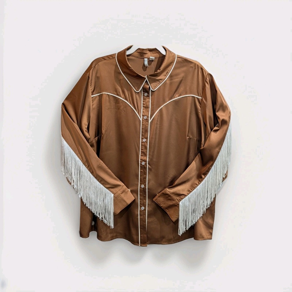 Cato Womens Brown Satin Rodeo Fringe Western Pearl Snap Top Size 18/20W Country